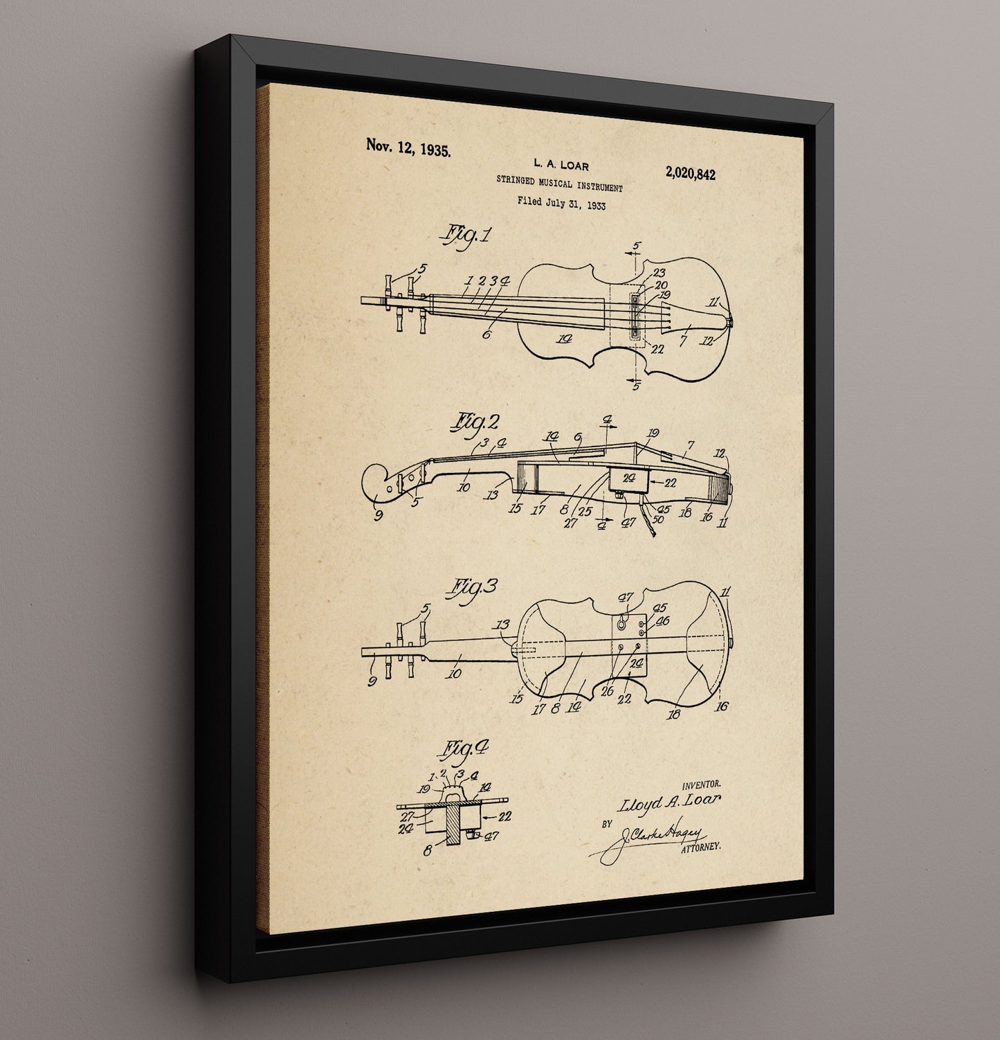 Patent Print - Stringed Musical Instrument - Lloyd A. Loar - 1935 - Patent 2020842 Patent Wall Art