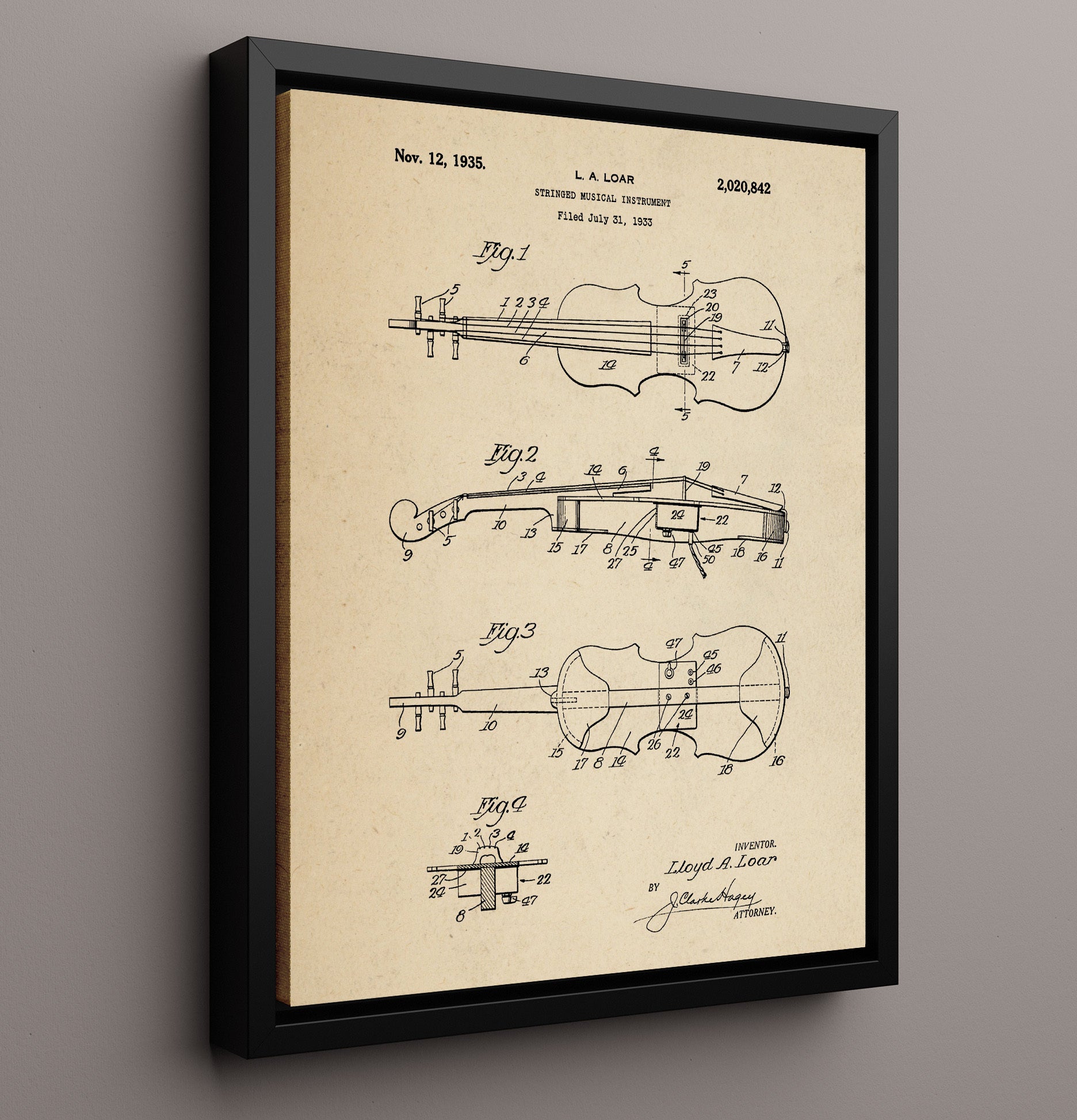 Patent Print - Stringed Musical Instrument - Lloyd A. Loar - 1935 - Patent 2020842 Patent Wall Art