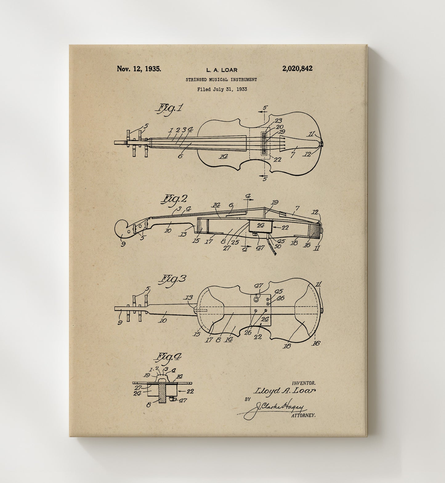 Patent Print - Stringed Musical Instrument - Lloyd A. Loar - 1935 - Patent 2020842 Patent Wall Art