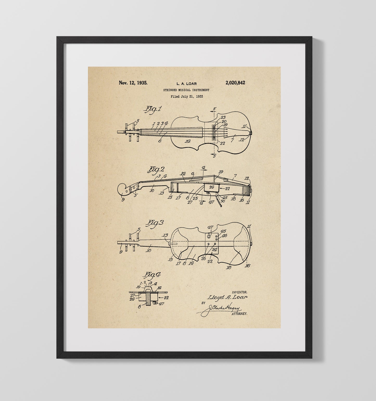 Patent Print - Stringed Musical Instrument - Lloyd A. Loar - 1935 - Patent 2020842 Patent Wall Art