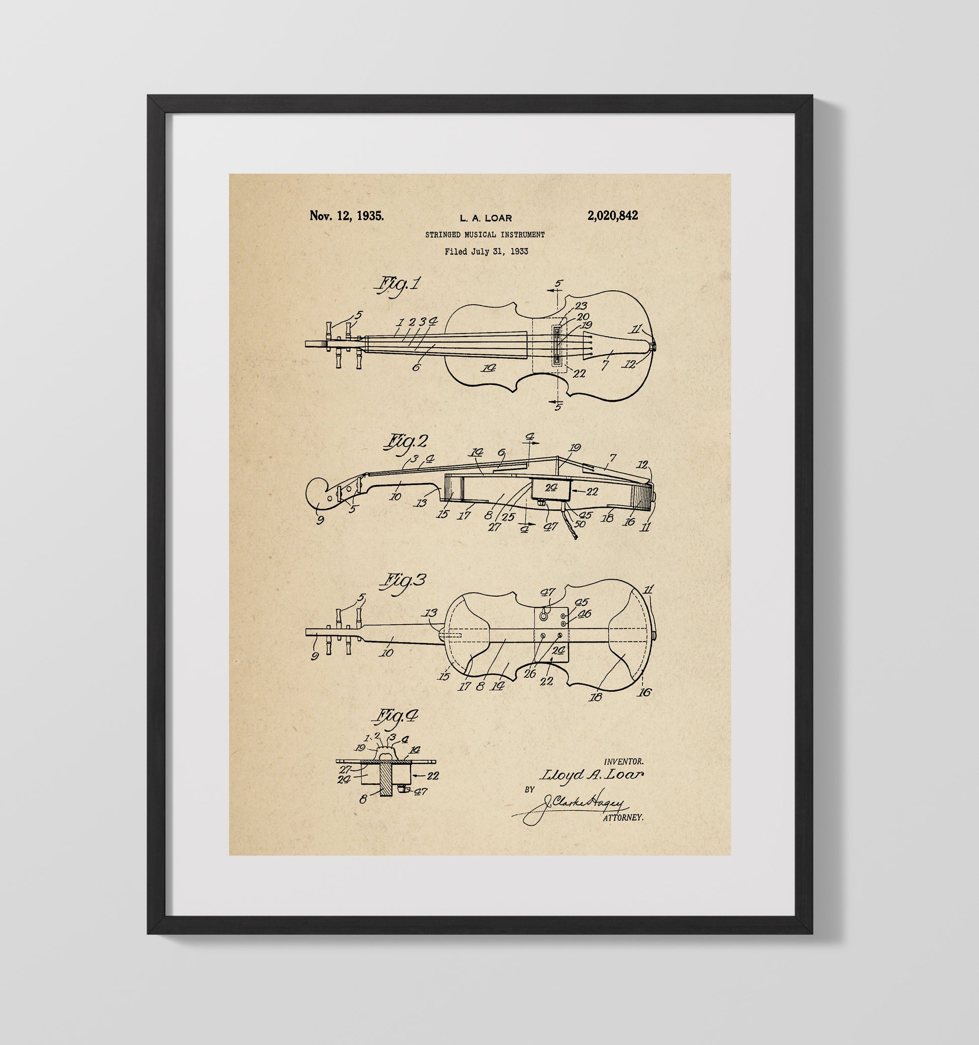 Patent Print - Stringed Musical Instrument - Lloyd A. Loar - 1935 - Patent 2020842 Patent Wall Art