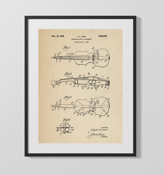 Stringed Musical Instrument - 1935 Patent - 16x20 Gallery Frame