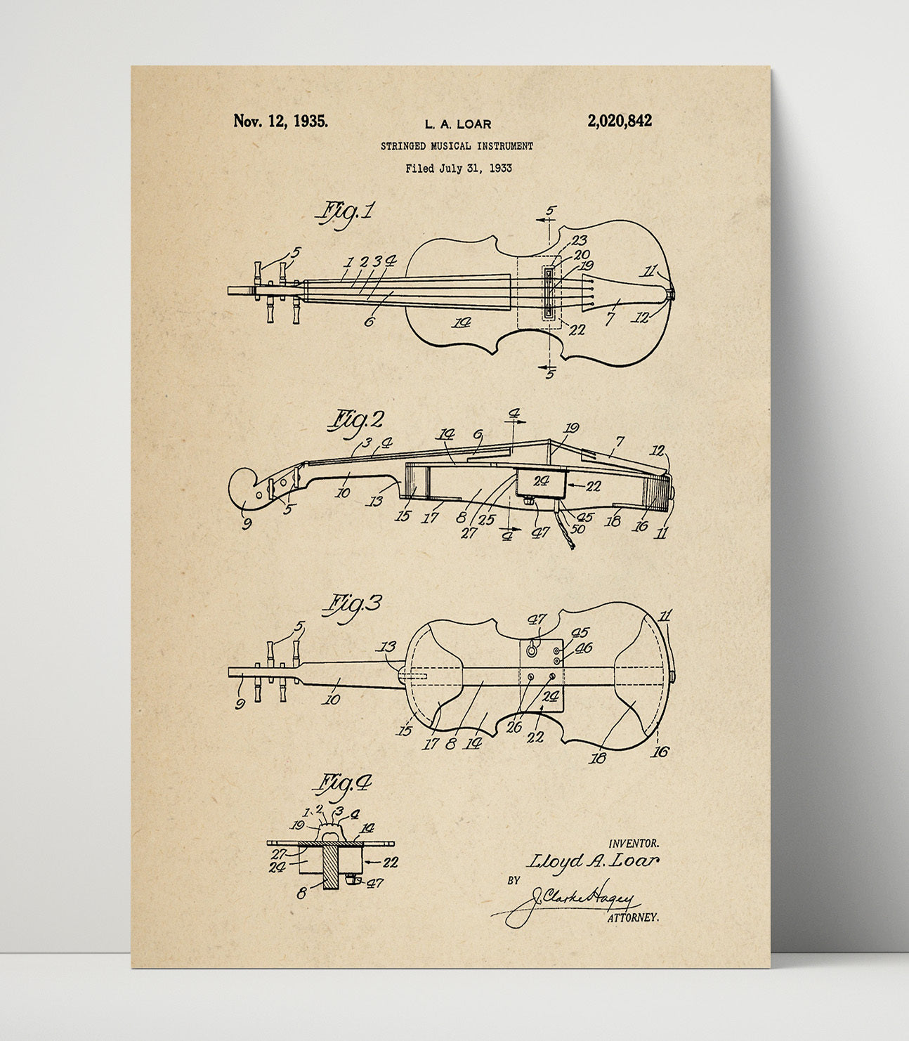 Patent Print - Stringed Musical Instrument - Lloyd A. Loar - 1935 - Patent 2020842 Patent Wall Art