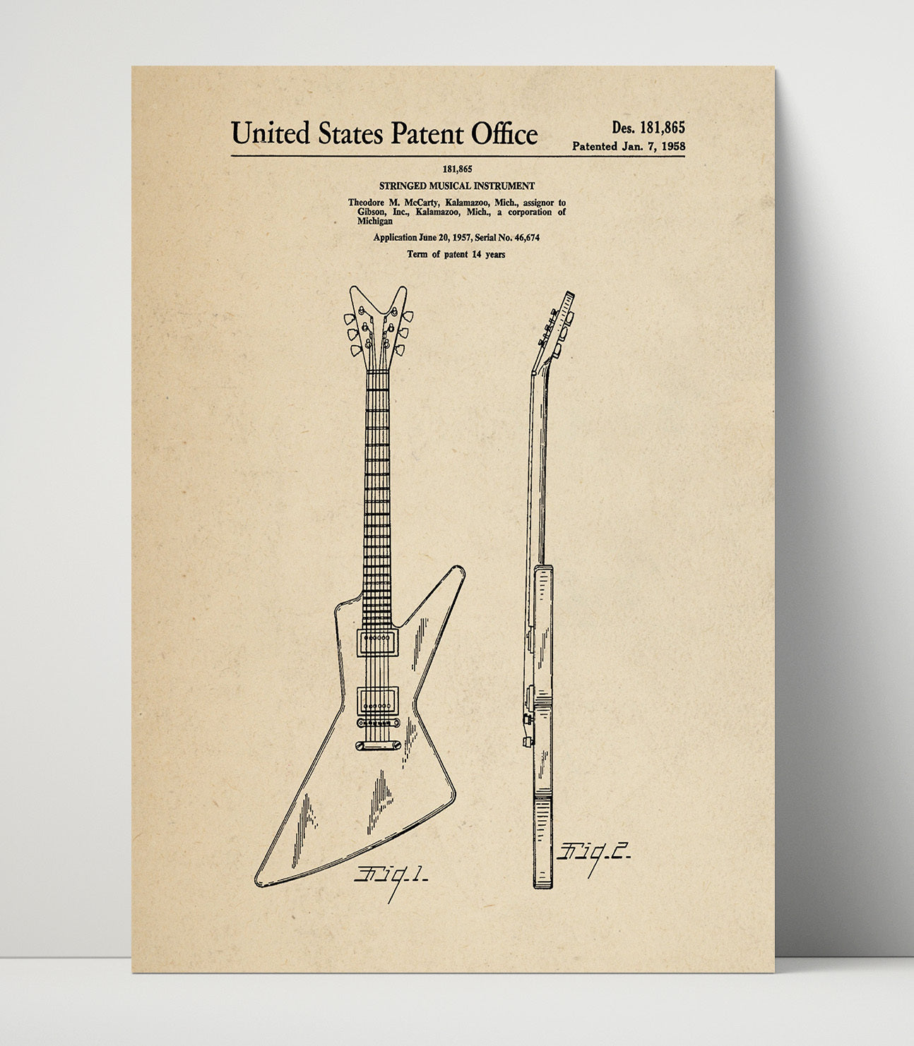 Patent Print - Stringed Musical Instrument - Theodore M. Mccarty - 1958 - Patent 181865 Patent Wall Art