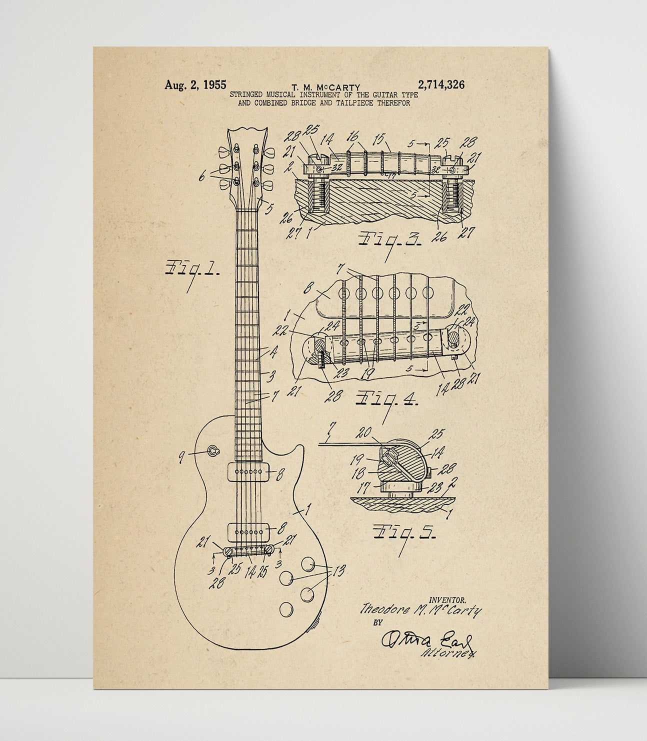 Patent Print - Stringed Musical Instrument Of The Guitar Type And Combined Bridge And Tailpiece Therefor - Theodore M. Mccarty - 1955 - Patent 2714326 Patent Wall Art