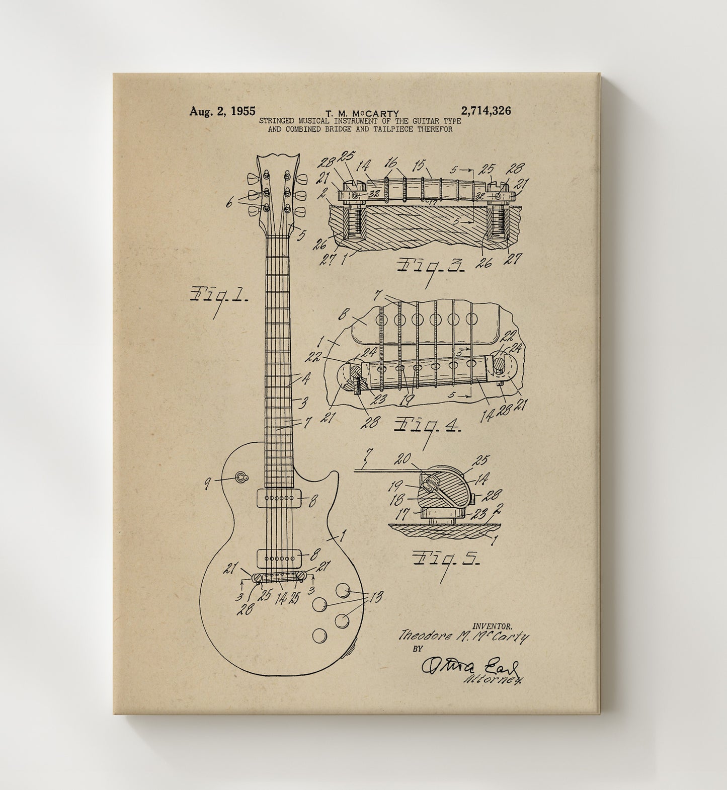 Patent Print - Stringed Musical Instrument Of The Guitar Type And Combined Bridge And Tailpiece Therefor - Theodore M. Mccarty - 1955 - Patent 2714326 Patent Wall Art