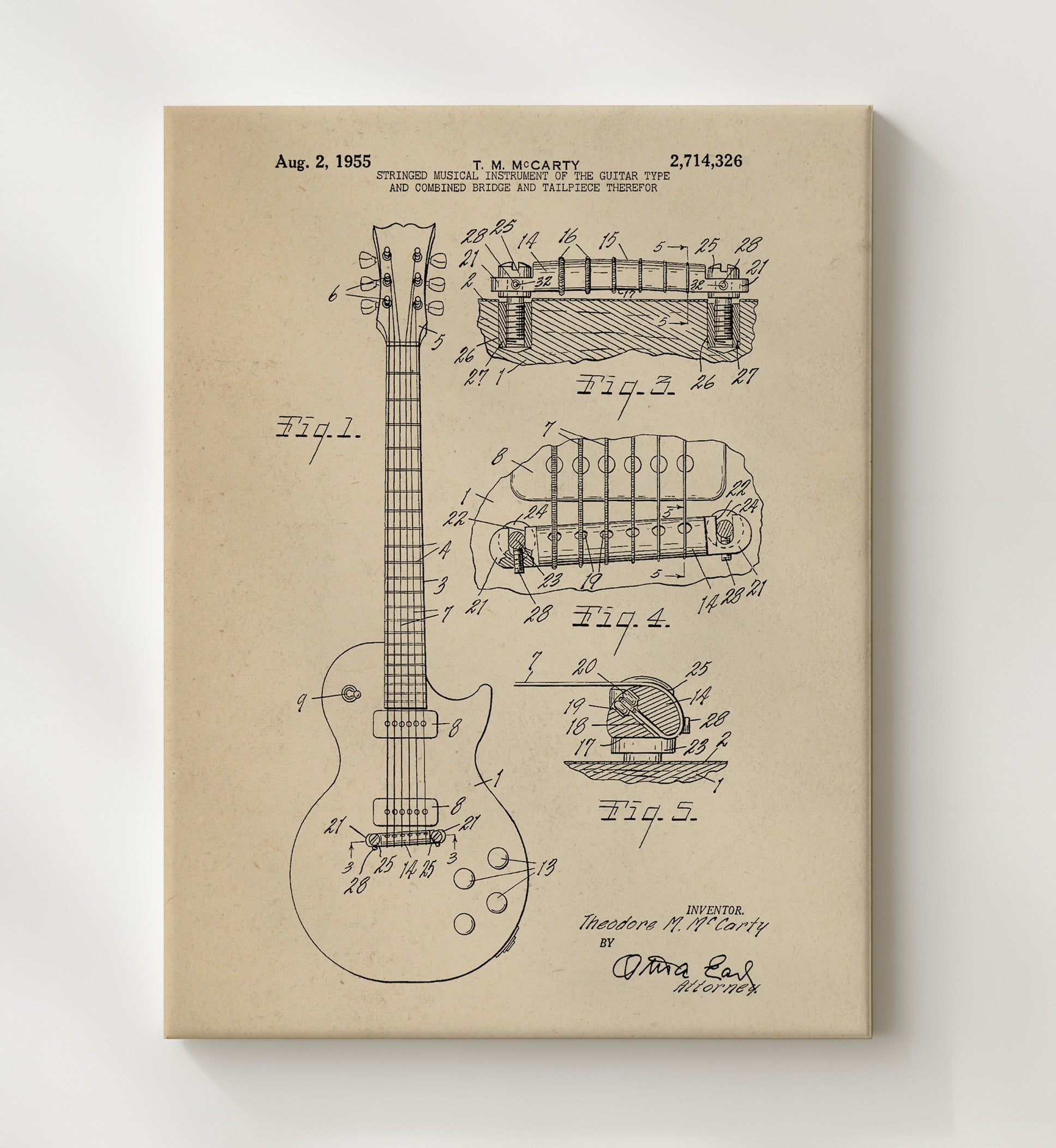 Patent Print - Stringed Musical Instrument Of The Guitar Type And Combined Bridge And Tailpiece Therefor - Theodore M. Mccarty - 1955 - Patent 2714326 Patent Wall Art