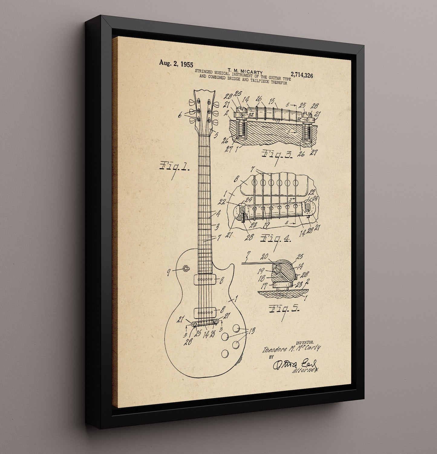 Patent Print - Stringed Musical Instrument Of The Guitar Type And Combined Bridge And Tailpiece Therefor - Theodore M. Mccarty - 1955 - Patent 2714326 Patent Wall Art