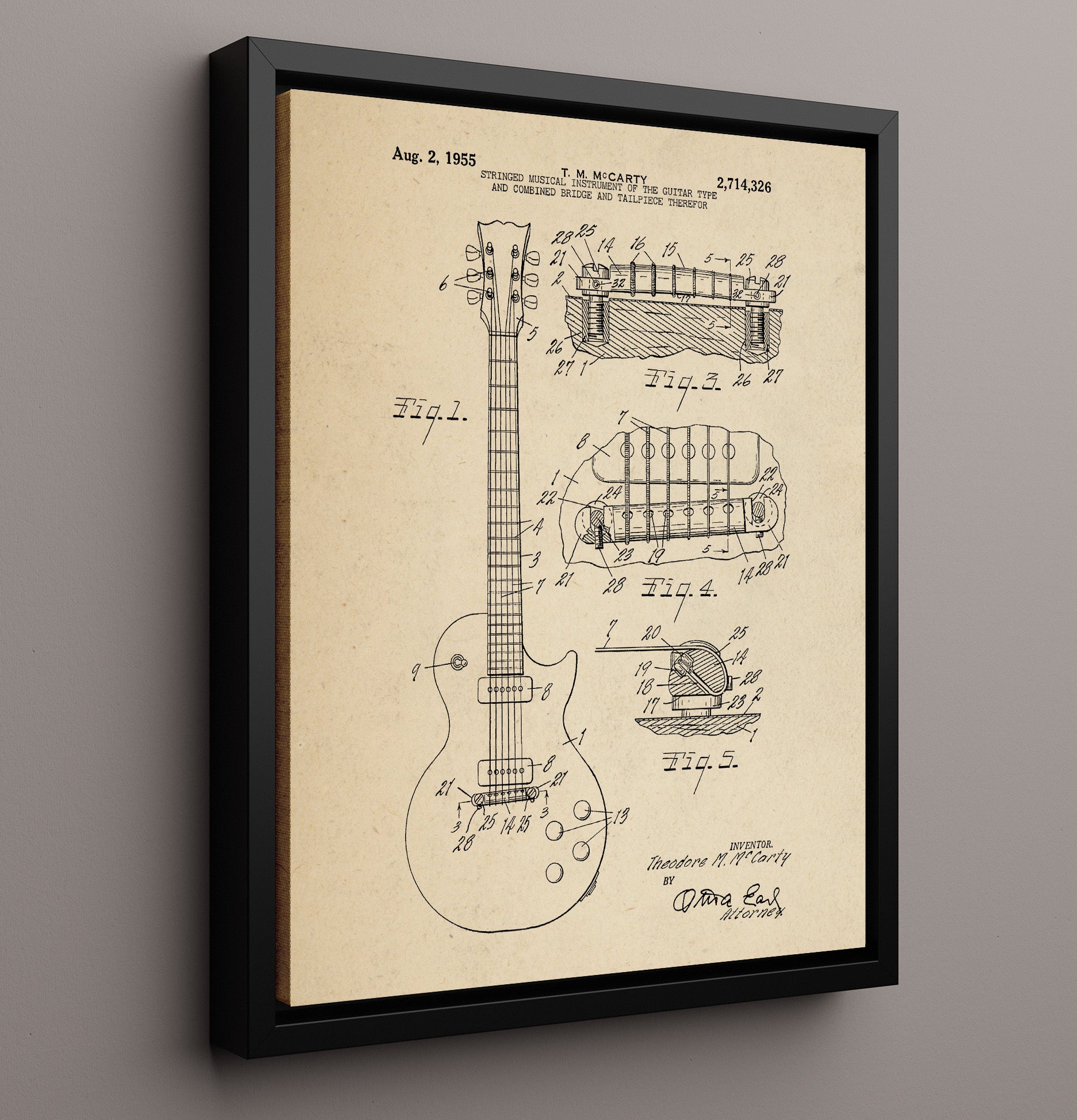 Patent Print - Stringed Musical Instrument Of The Guitar Type And Combined Bridge And Tailpiece Therefor - Theodore M. Mccarty - 1955 - Patent 2714326 Patent Wall Art