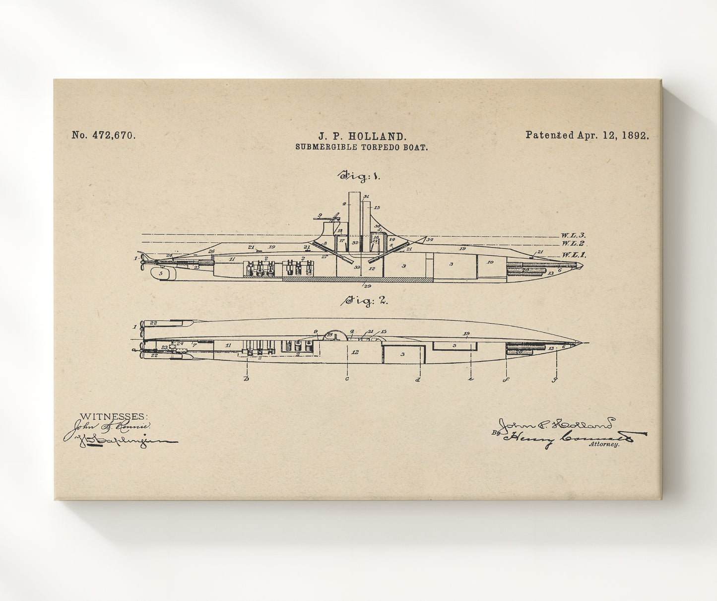 Patent Print - Submergible Torpedo Boat - John P Holland - 1892 - Patent 472670 - Landscape Patent Wall Art