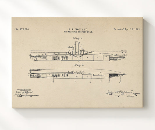 Submergible Torpedo Boat 1892 patent print wall art 8x10 Canvas