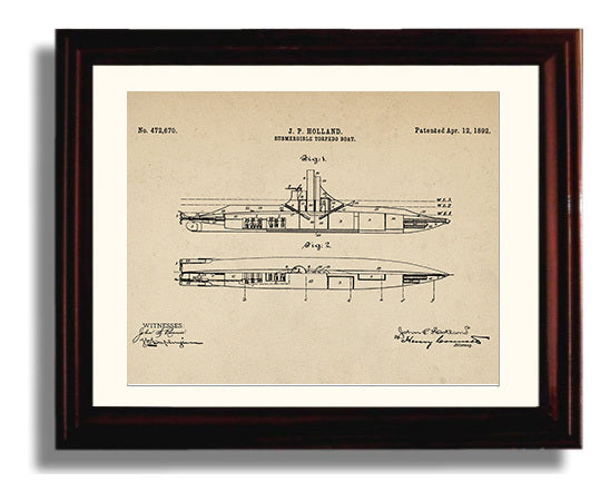 Patent Print - Submergible Torpedo Boat - John P Holland - 1892 - Patent 472670 - Landscape Patent Wall Art
