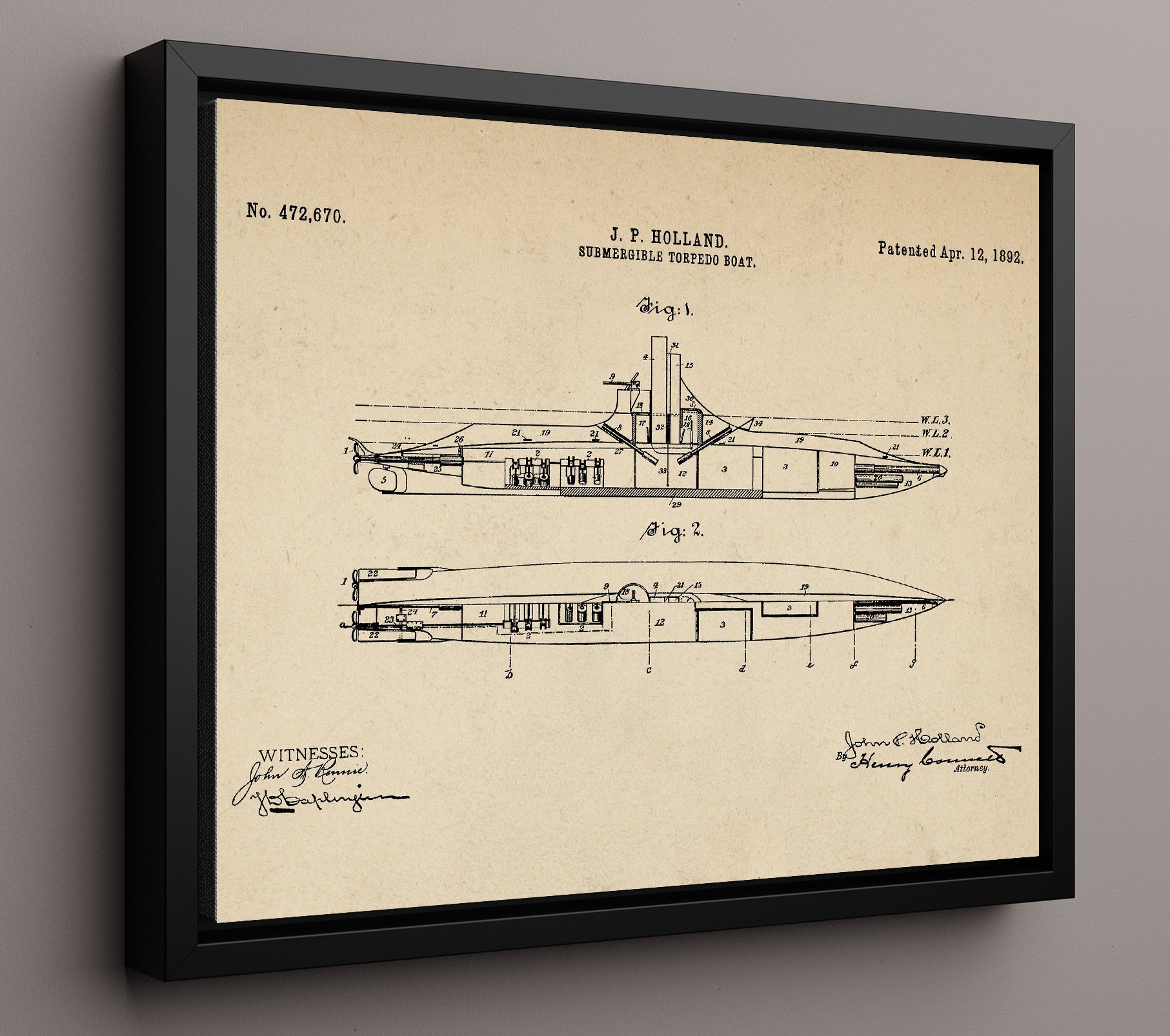 Patent Print - Submergible Torpedo Boat - John P Holland - 1892 - Patent 472670 - Landscape Patent Wall Art