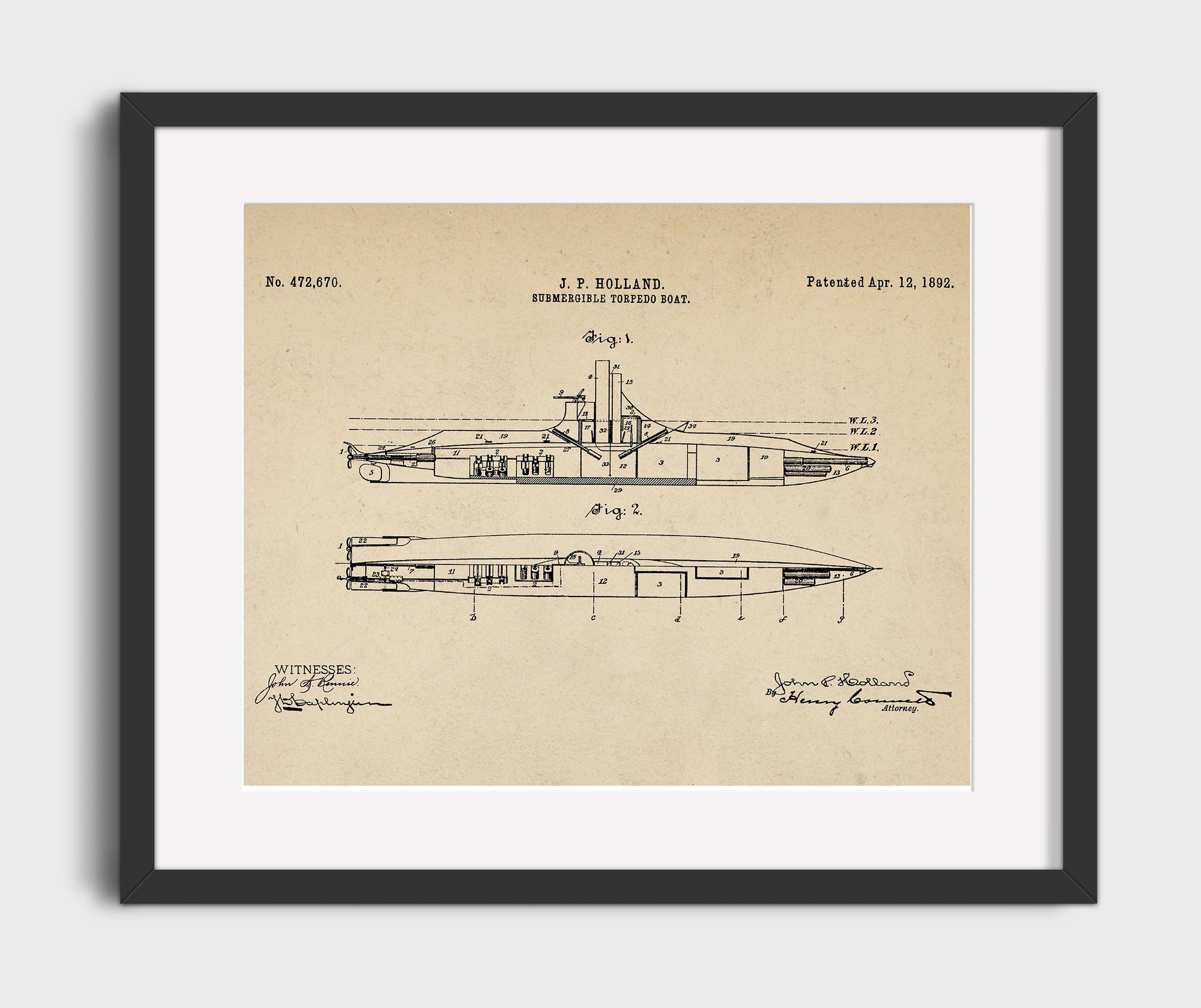 Patent Print - Submergible Torpedo Boat - John P Holland - 1892 - Patent 472670 - Landscape Patent Wall Art