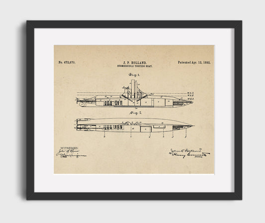 Submergible Torpedo Boat - 1892 Patent - 16x20 Gallery Frame