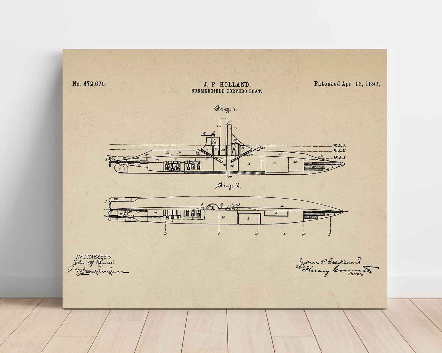 Patent Print - Submergible Torpedo Boat - John P Holland - 1892 - Patent 472670 - Landscape Patent Wall Art
