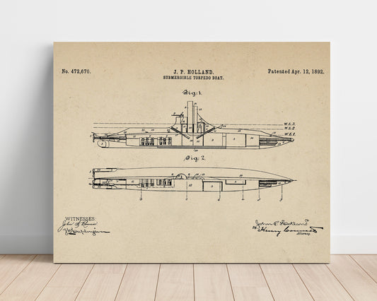 Submergible Torpedo Boat - 1892 Patent - 16x20 Unframed Print