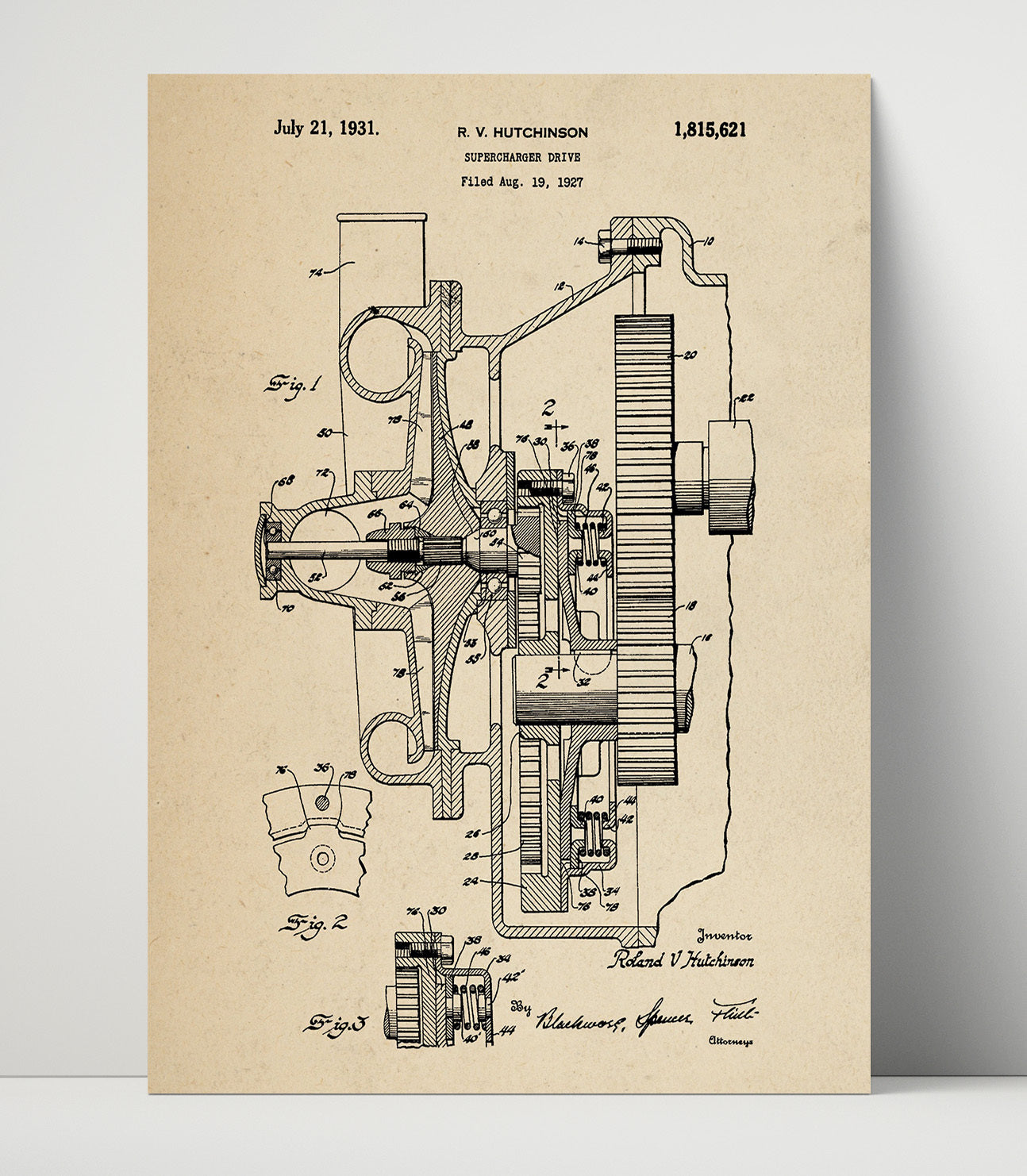 Patent Print - Supercharger Drive - Roland V Hutchinson - 1931 - Patent 1815621 Patent Wall Art