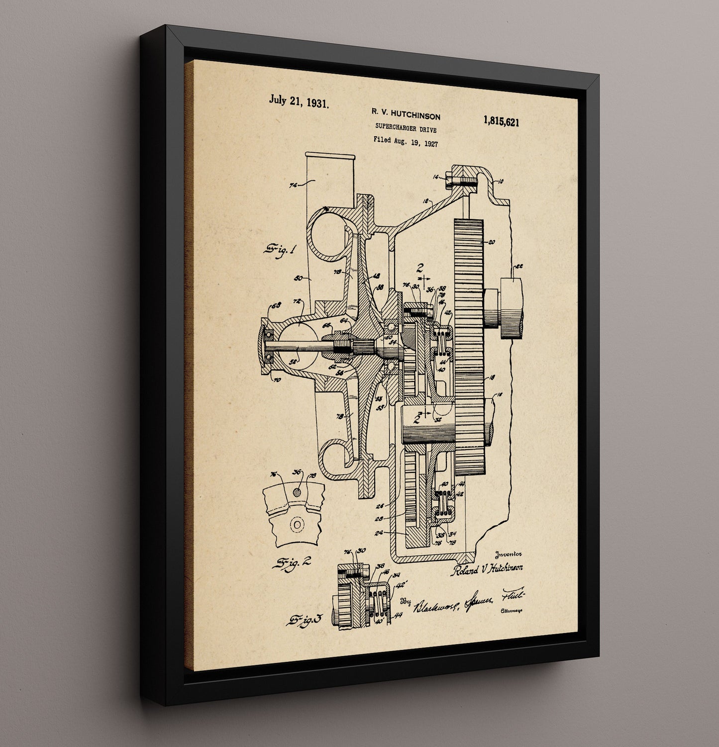 Patent Print - Supercharger Drive - Roland V Hutchinson - 1931 - Patent 1815621 Patent Wall Art