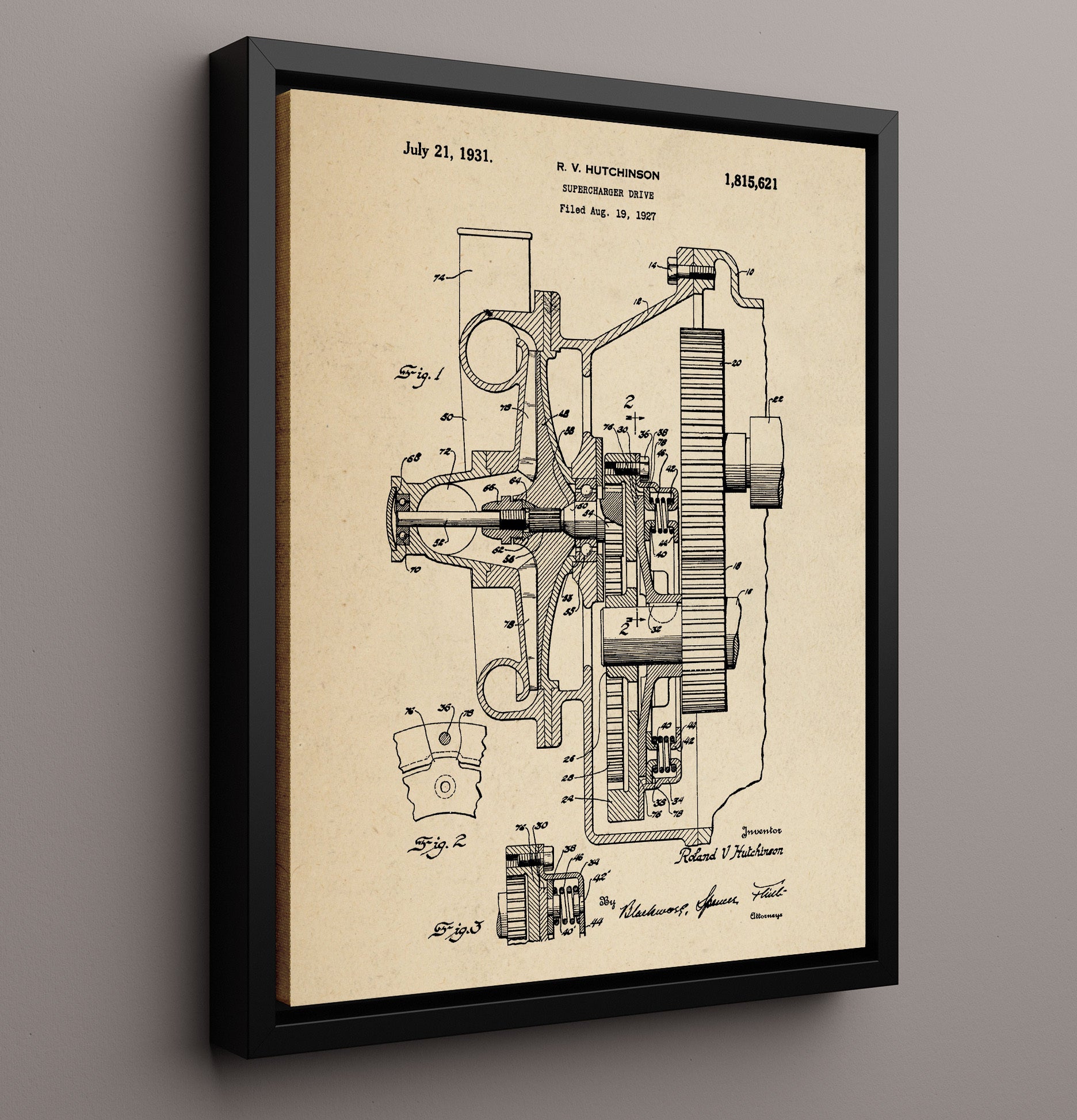 Patent Print - Supercharger Drive - Roland V Hutchinson - 1931 - Patent 1815621 Patent Wall Art