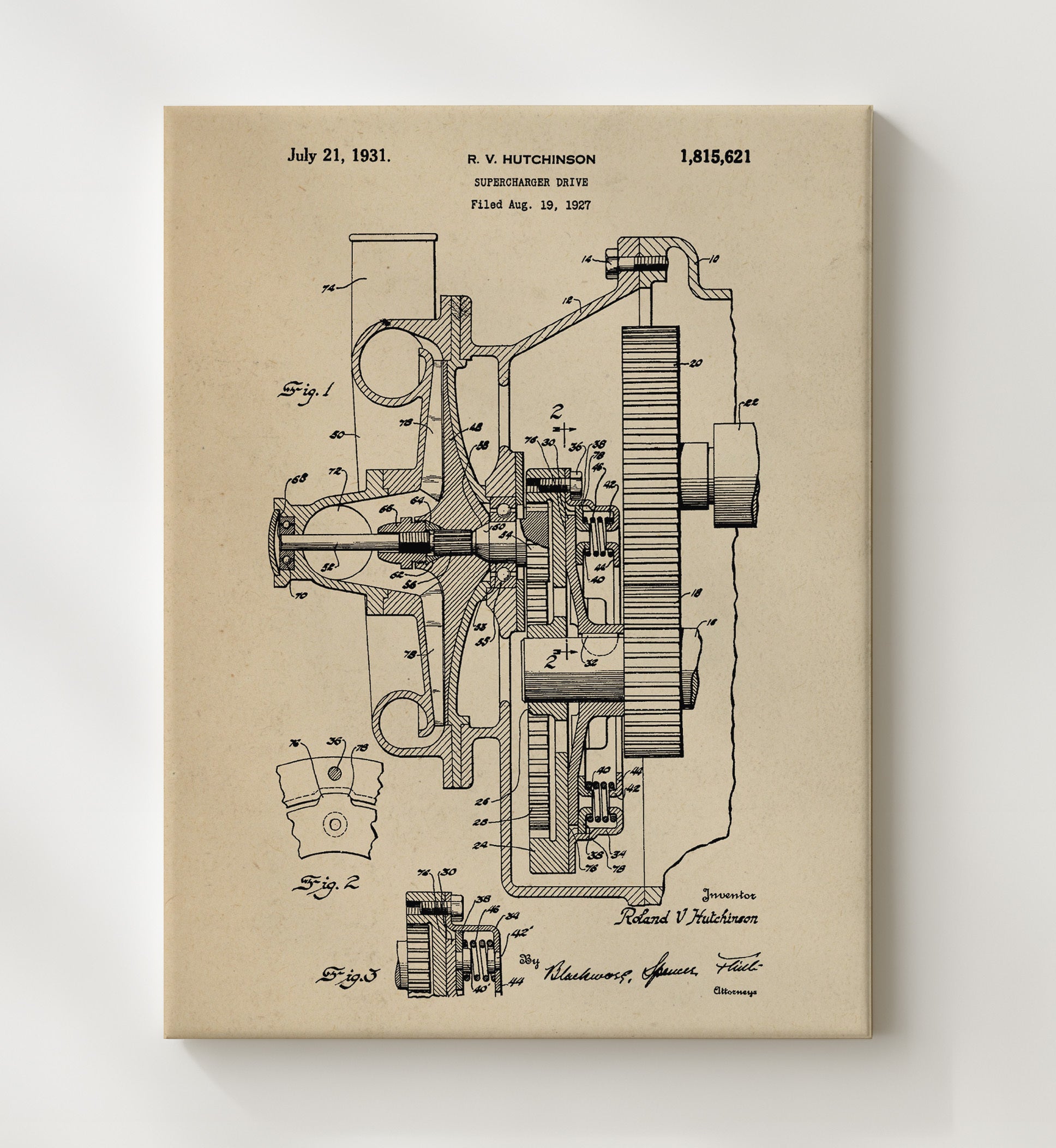 Patent Print - Supercharger Drive - Roland V Hutchinson - 1931 - Patent 1815621 Patent Wall Art