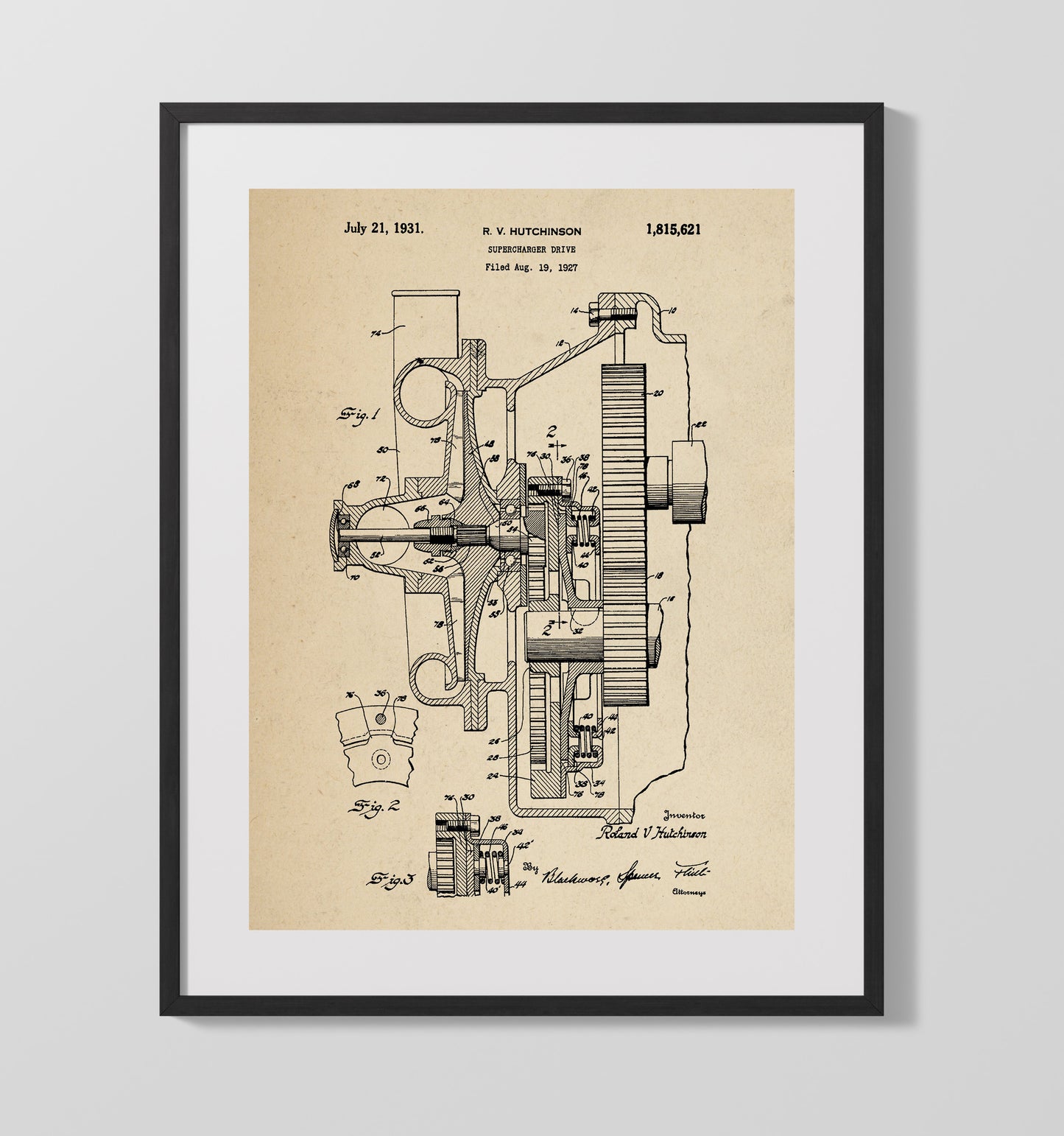 Patent Print - Supercharger Drive - Roland V Hutchinson - 1931 - Patent 1815621 Patent Wall Art