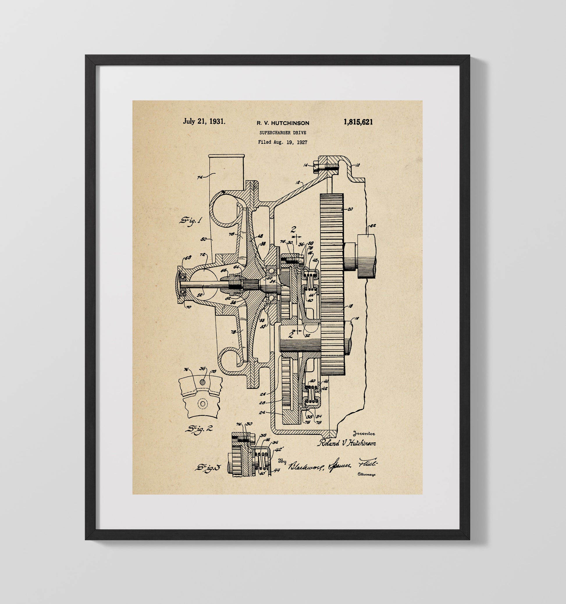 Patent Print - Supercharger Drive - Roland V Hutchinson - 1931 - Patent 1815621 Patent Wall Art
