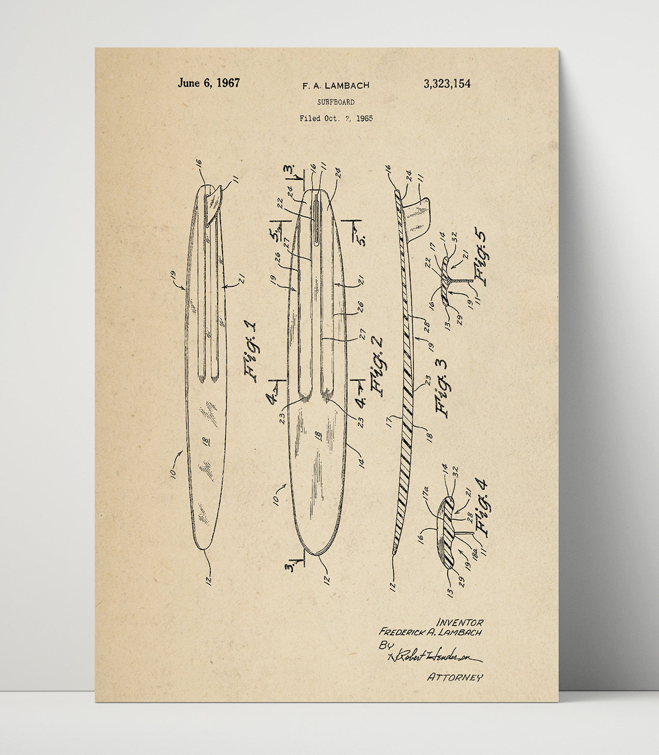 Patent Print - Surfboard - F A Lambach - 1967 - Patent 3323154 Patent Wall Art