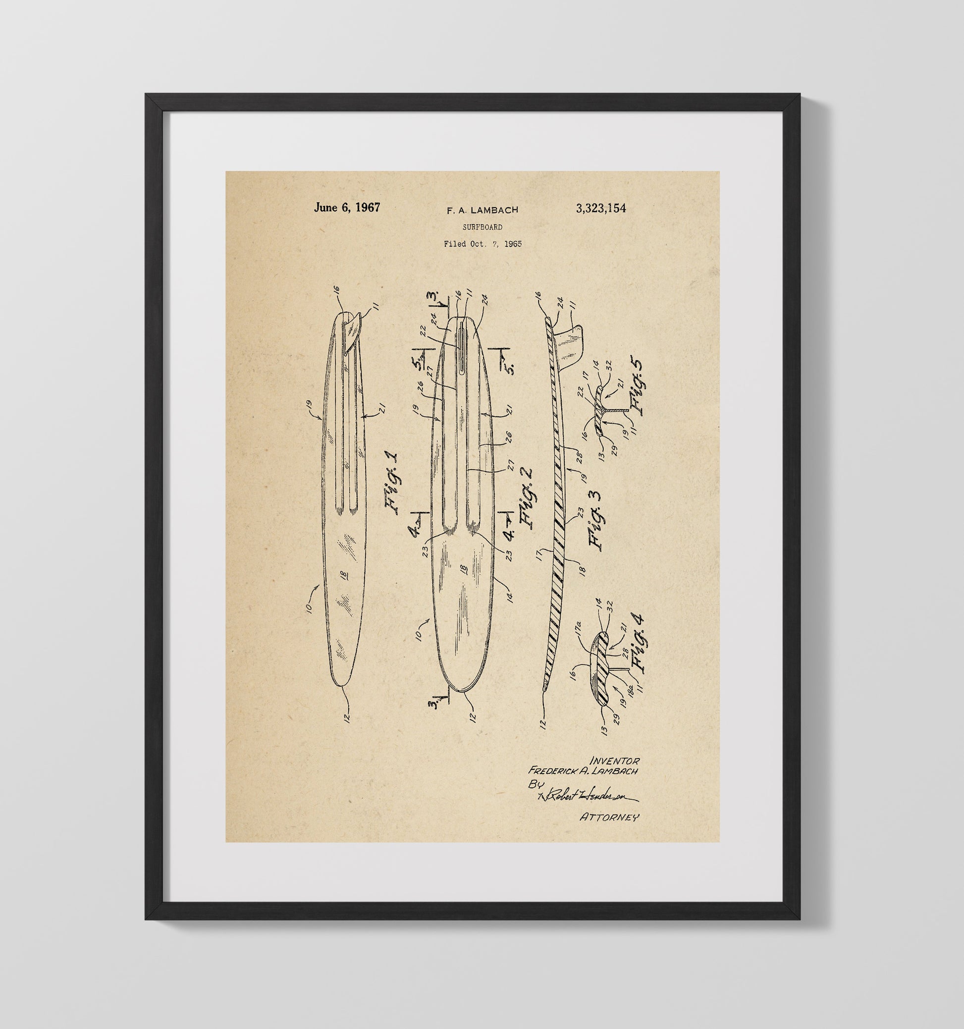 Patent Print - Surfboard - F A Lambach - 1967 - Patent 3323154 Patent Wall Art