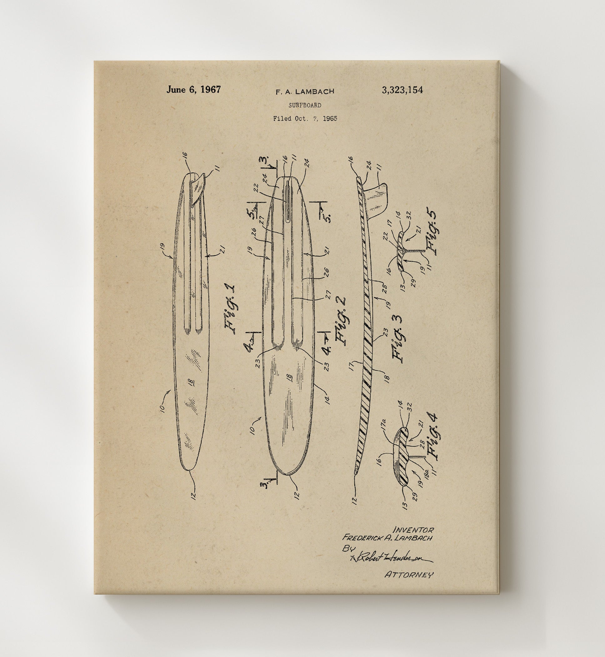 Patent Print - Surfboard - F A Lambach - 1967 - Patent 3323154 Patent Wall Art