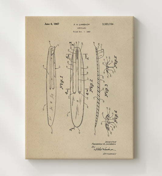 Surfboard 1967 patent print wall art 8x10 Canvas