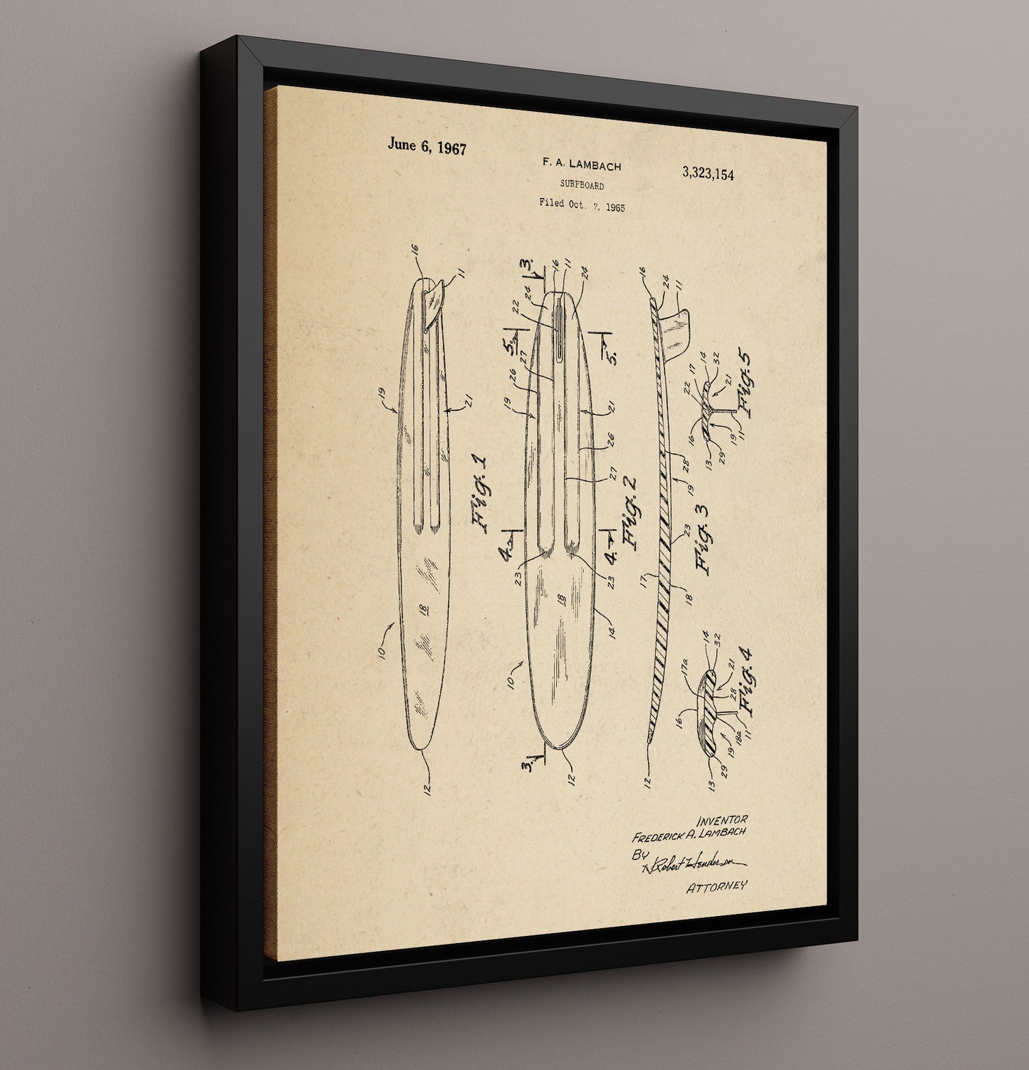 Patent Print - Surfboard - F A Lambach - 1967 - Patent 3323154 Patent Wall Art