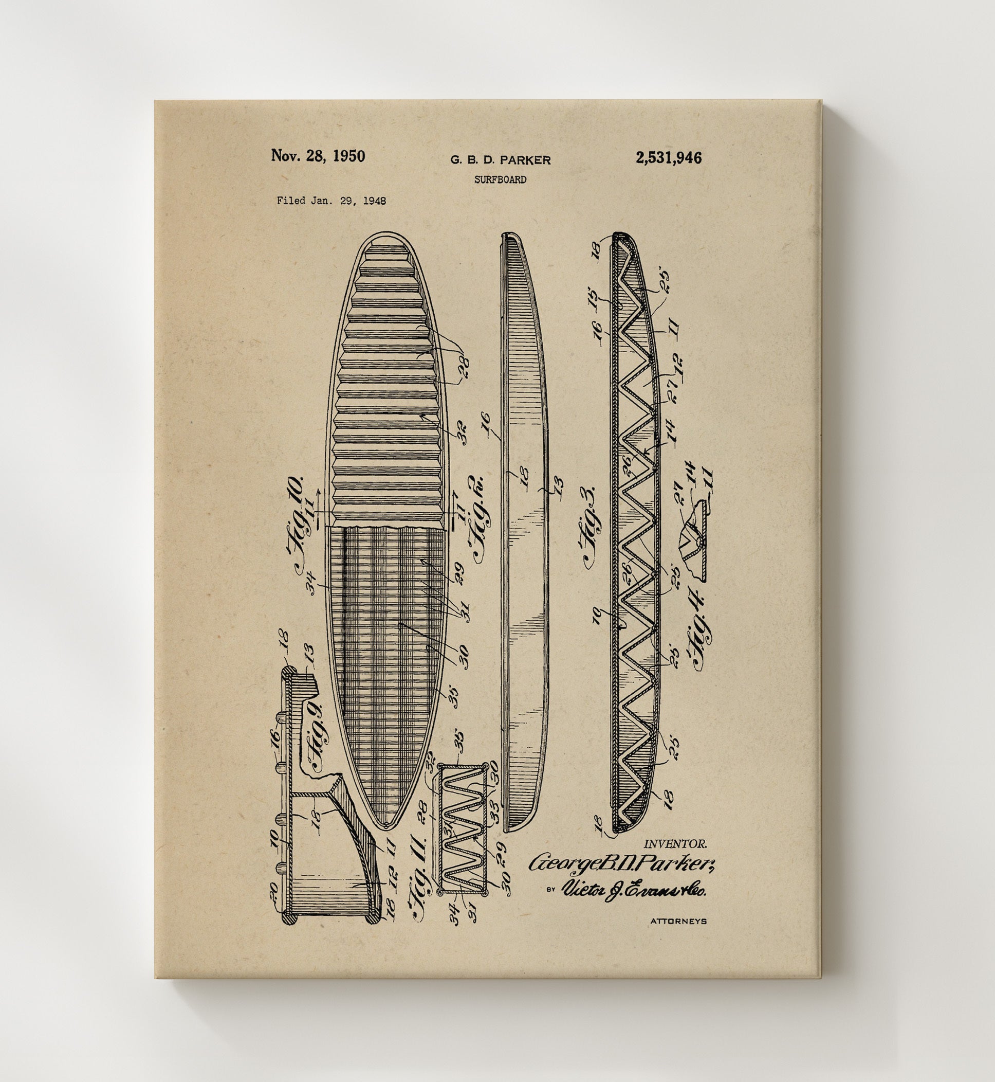Patent Print - Surfboard - George B D Parker - 1950 - Patent 2531946 Patent Wall Art