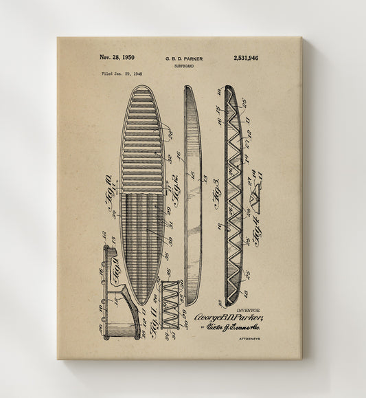 Surfboard 1950 patent print wall art 8x10 Canvas