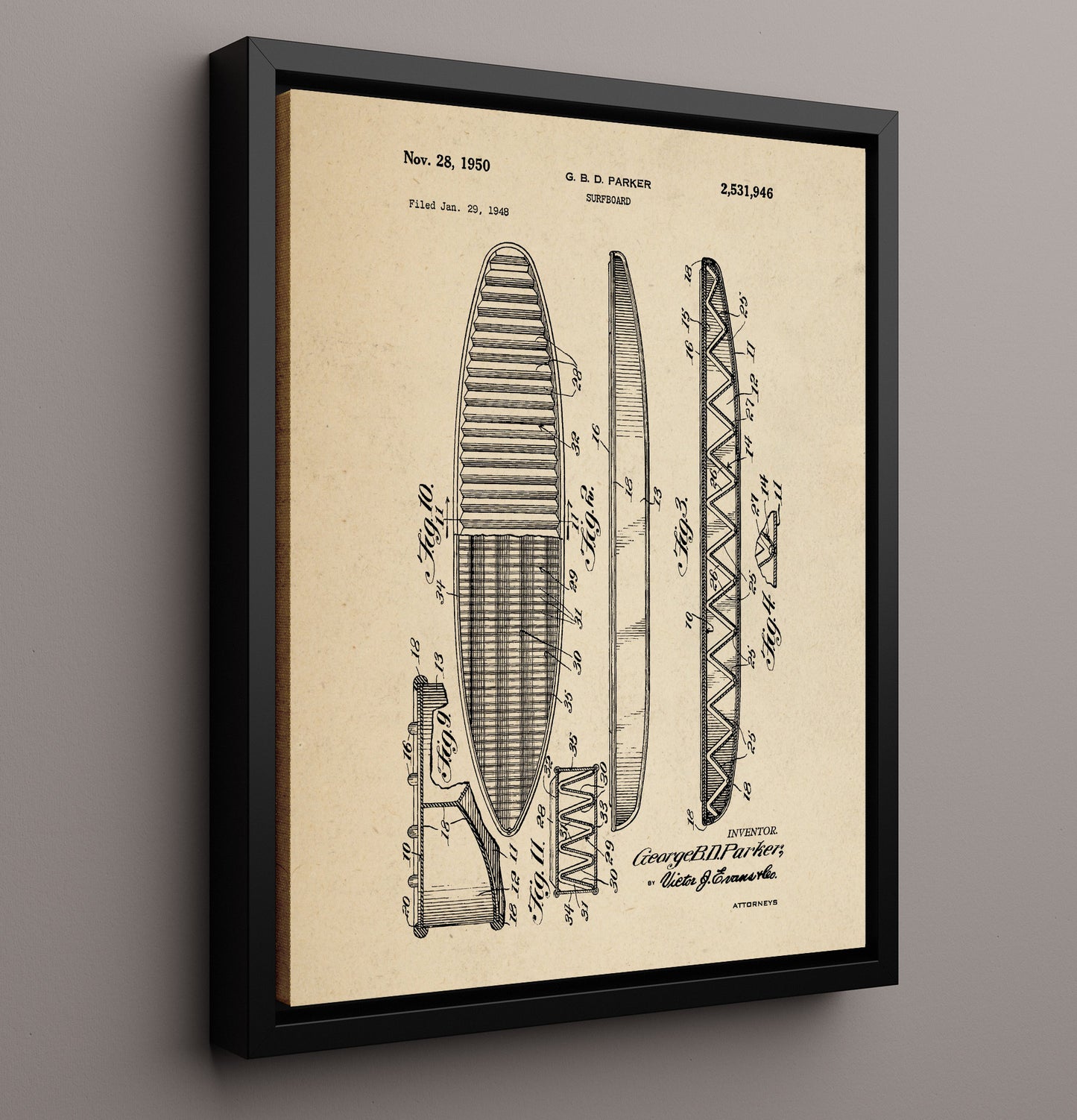 Patent Print - Surfboard - George B D Parker - 1950 - Patent 2531946 Patent Wall Art