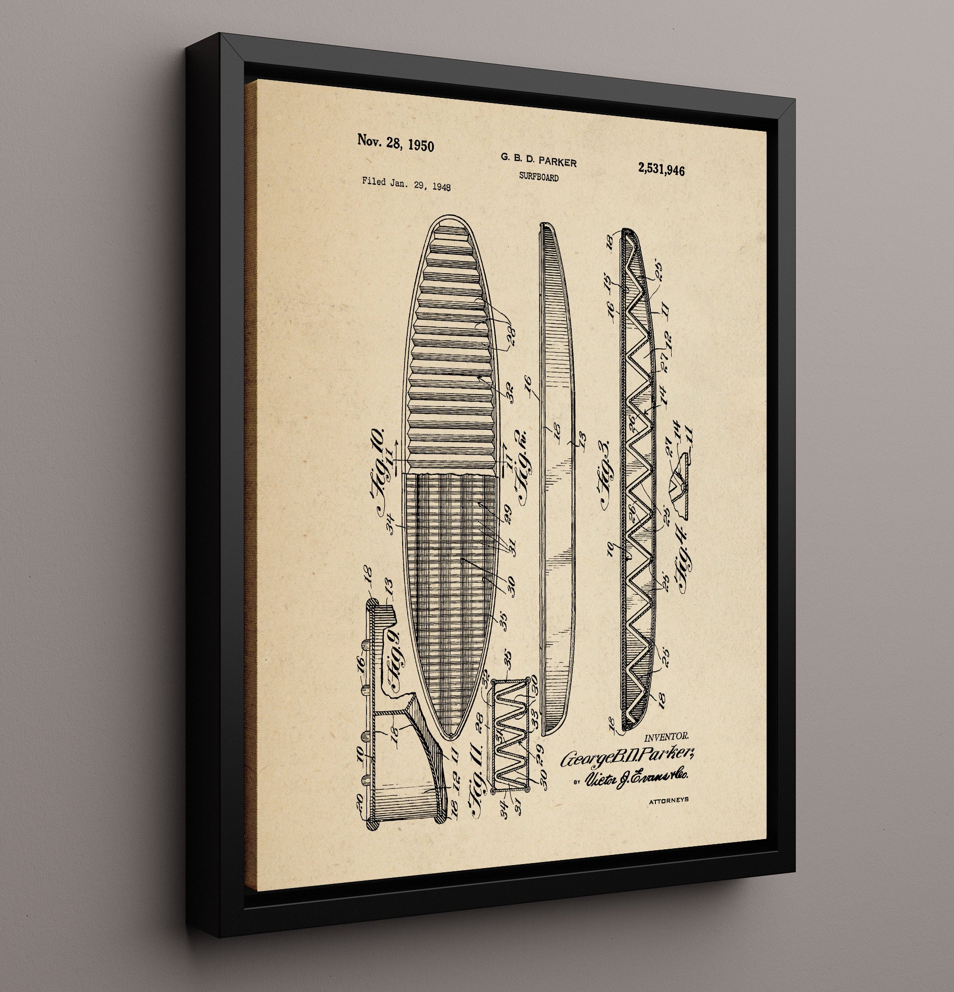 Patent Print - Surfboard - George B D Parker - 1950 - Patent 2531946 Patent Wall Art