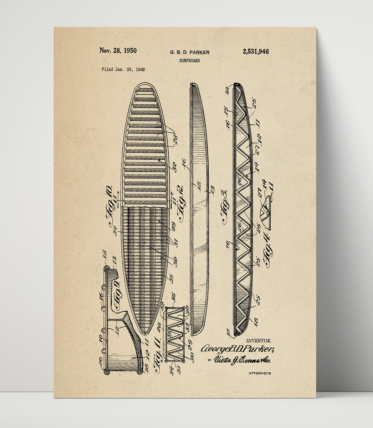 Patent Print - Surfboard - George B D Parker - 1950 - Patent 2531946 Patent Wall Art