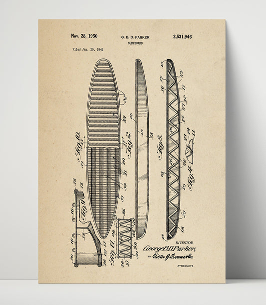 Surfboard - 1950 Patent - 16x20 Unframed Print