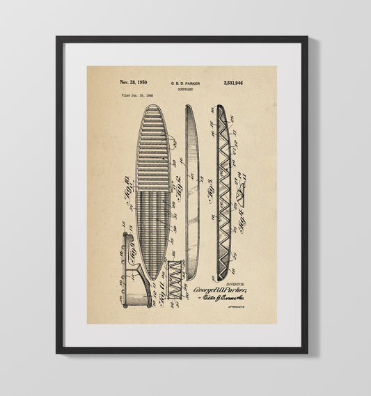 Surfboard - 1950 Patent - 16x20 Gallery Frame