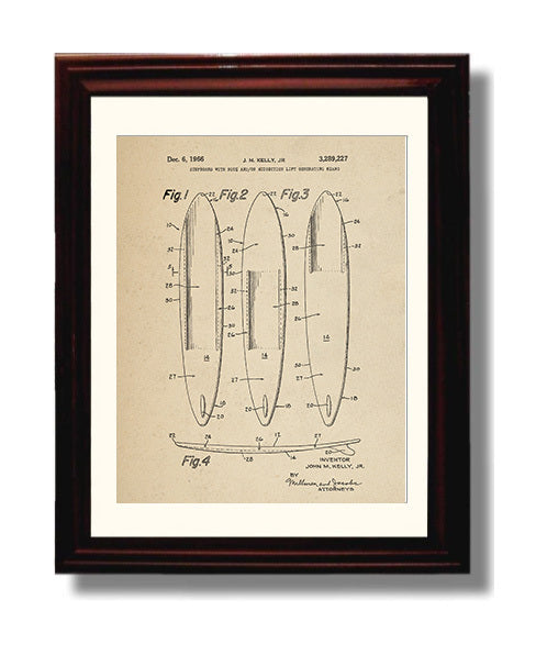 Patent Print - Surfboard With Nose Lift Generating Means - J M Kelly Jr - 1966 - Patent 3289227 Patent Wall Art