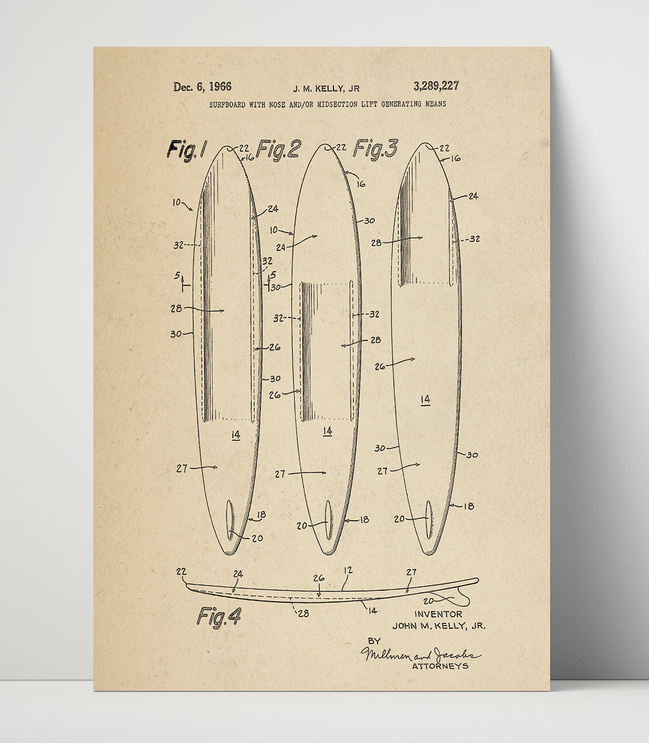 Patent Print - Surfboard With Nose Lift Generating Means - J M Kelly Jr - 1966 - Patent 3289227 Patent Wall Art