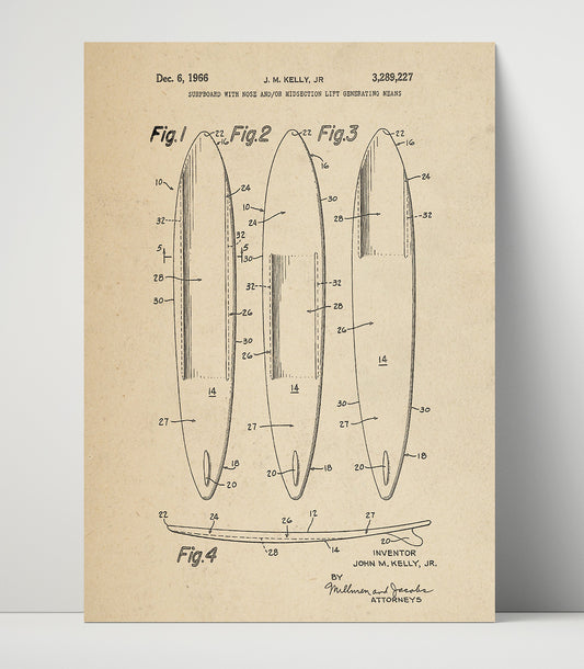 Surfboard With Nose Lift Generating Means - 1966 Patent - 16x20 Unframed Print