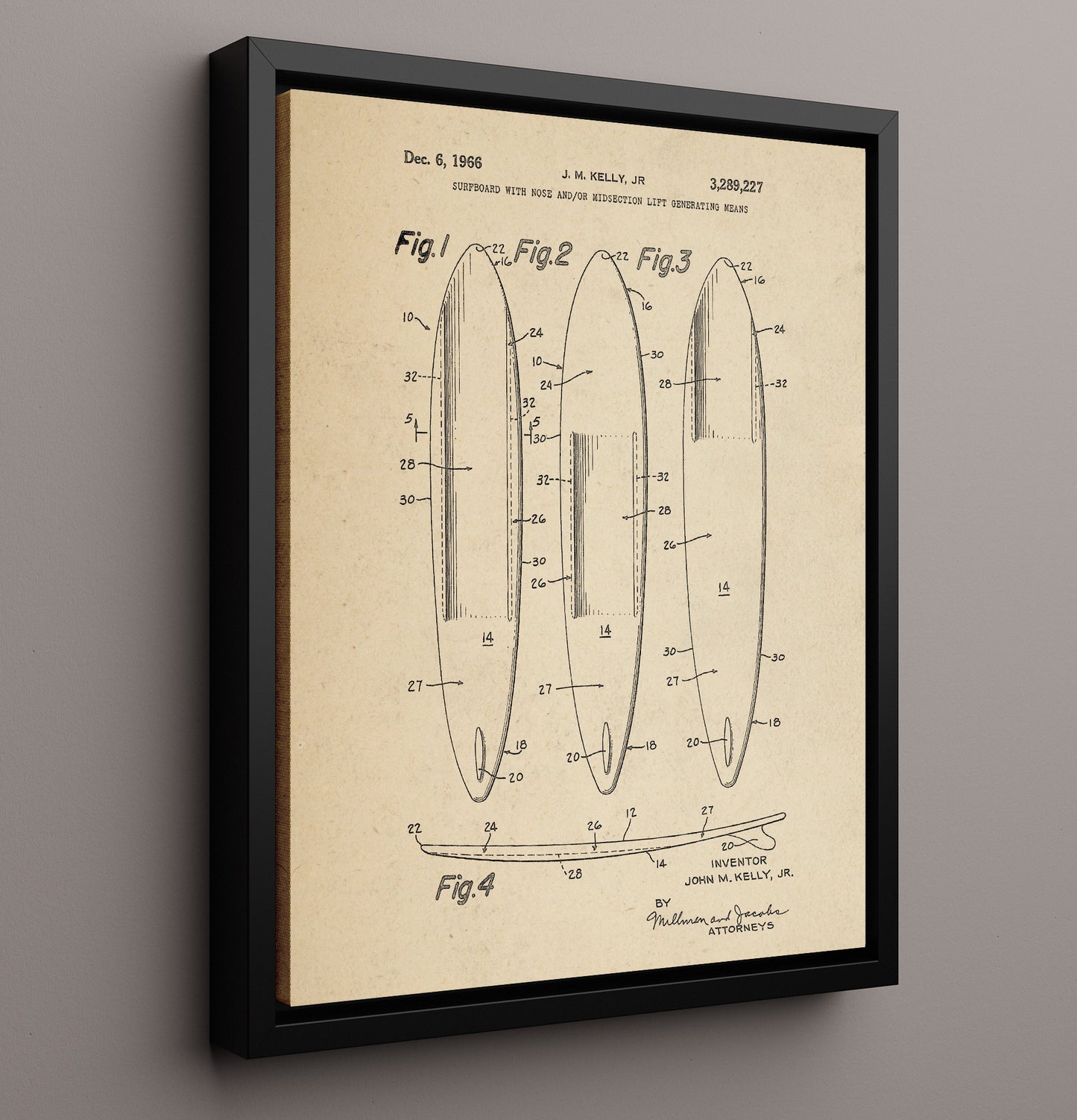 Patent Print - Surfboard With Nose Lift Generating Means - J M Kelly Jr - 1966 - Patent 3289227 Patent Wall Art