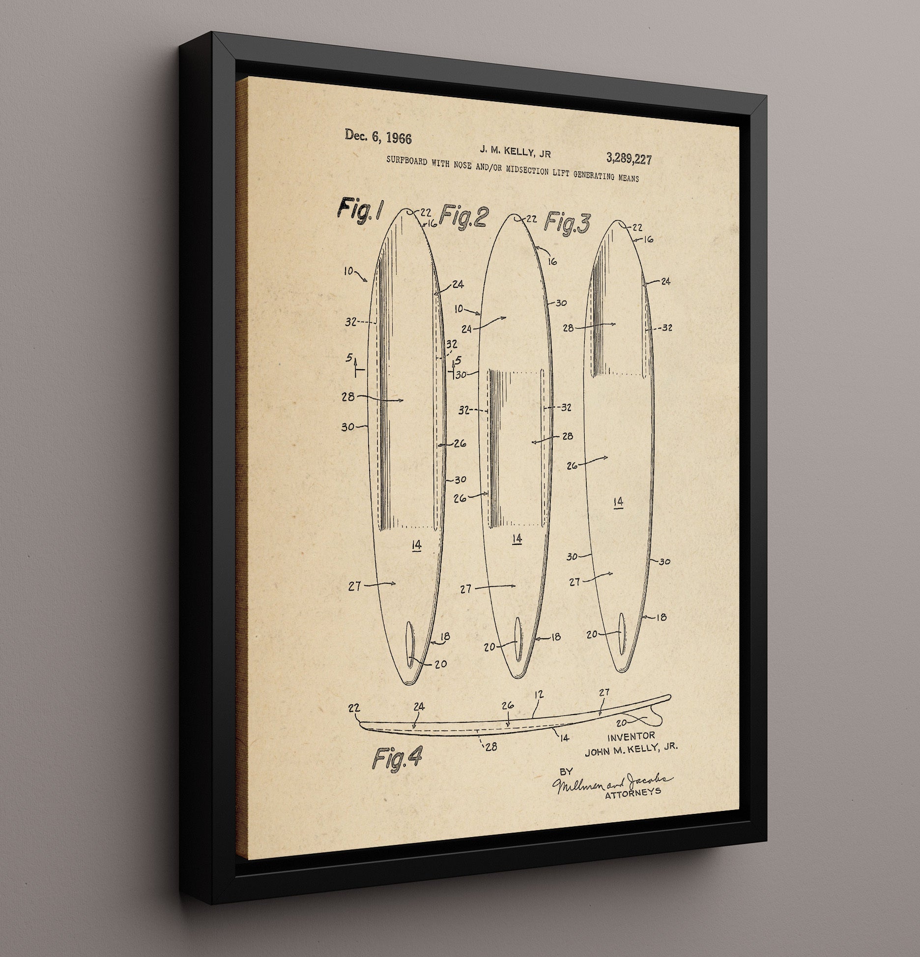 Patent Print - Surfboard With Nose Lift Generating Means - J M Kelly Jr - 1966 - Patent 3289227 Patent Wall Art