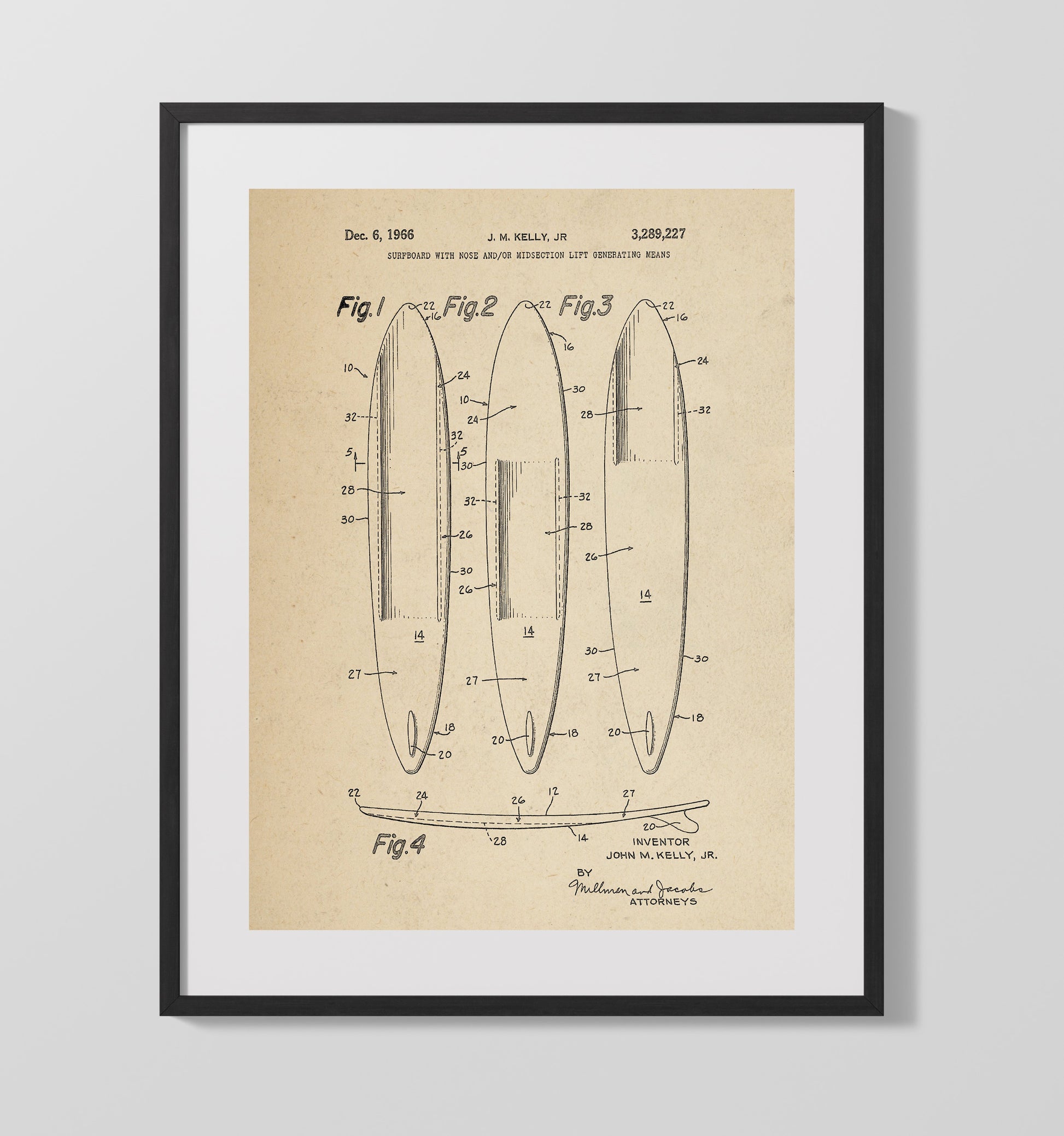 Patent Print - Surfboard With Nose Lift Generating Means - J M Kelly Jr - 1966 - Patent 3289227 Patent Wall Art