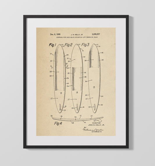 Surfboard With Nose Lift Generating Means - 1966 Patent - 16x20 Gallery Frame