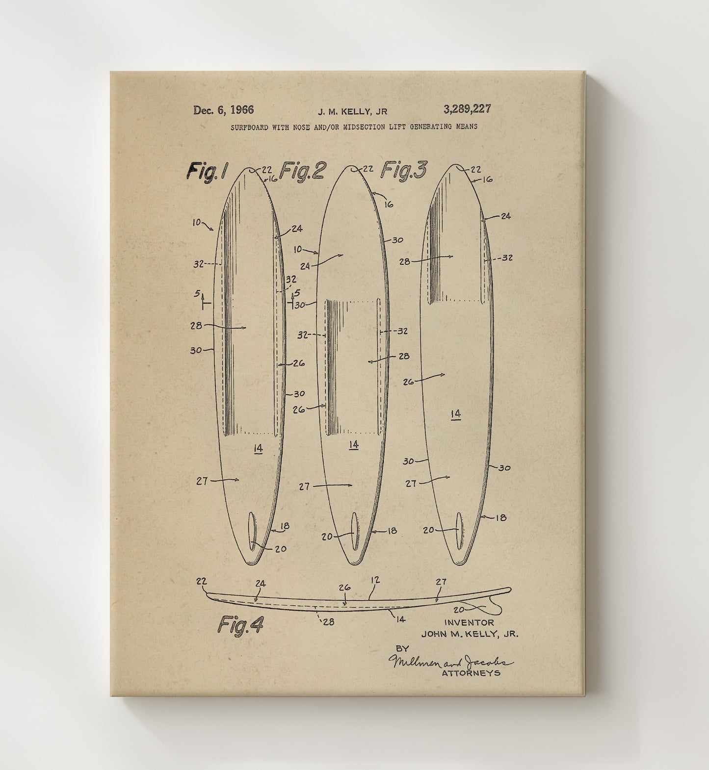 Patent Print - Surfboard With Nose Lift Generating Means - J M Kelly Jr - 1966 - Patent 3289227 Patent Wall Art