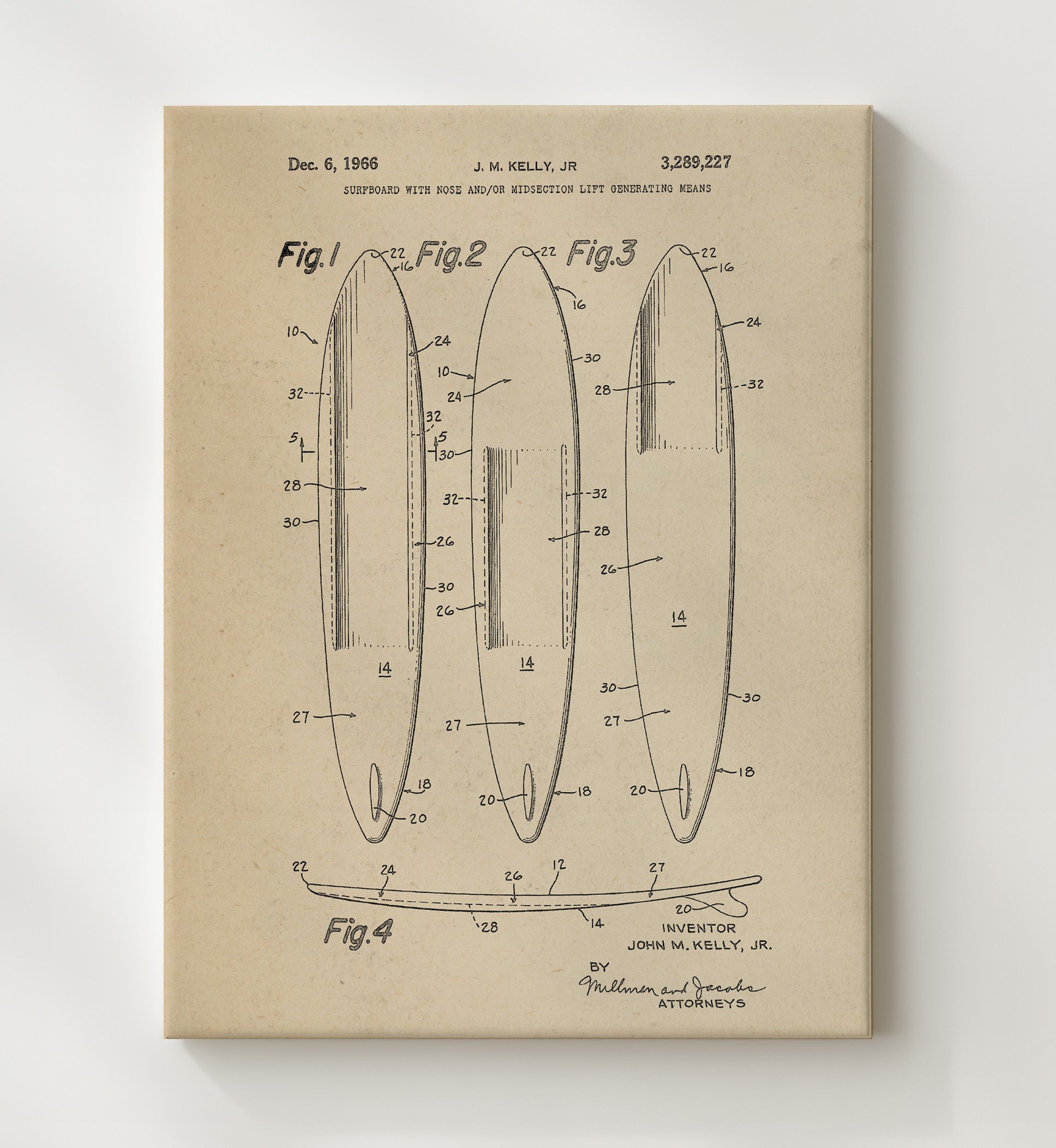 Patent Print - Surfboard With Nose Lift Generating Means - J M Kelly Jr - 1966 - Patent 3289227 Patent Wall Art