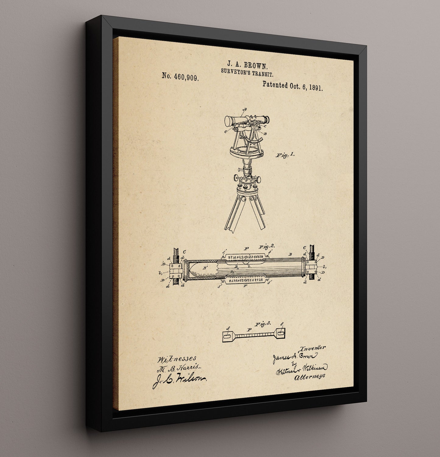 Patent Print - Surveyors Transit - J. A. Brown - 1891 - Patent 460909 Patent Wall Art