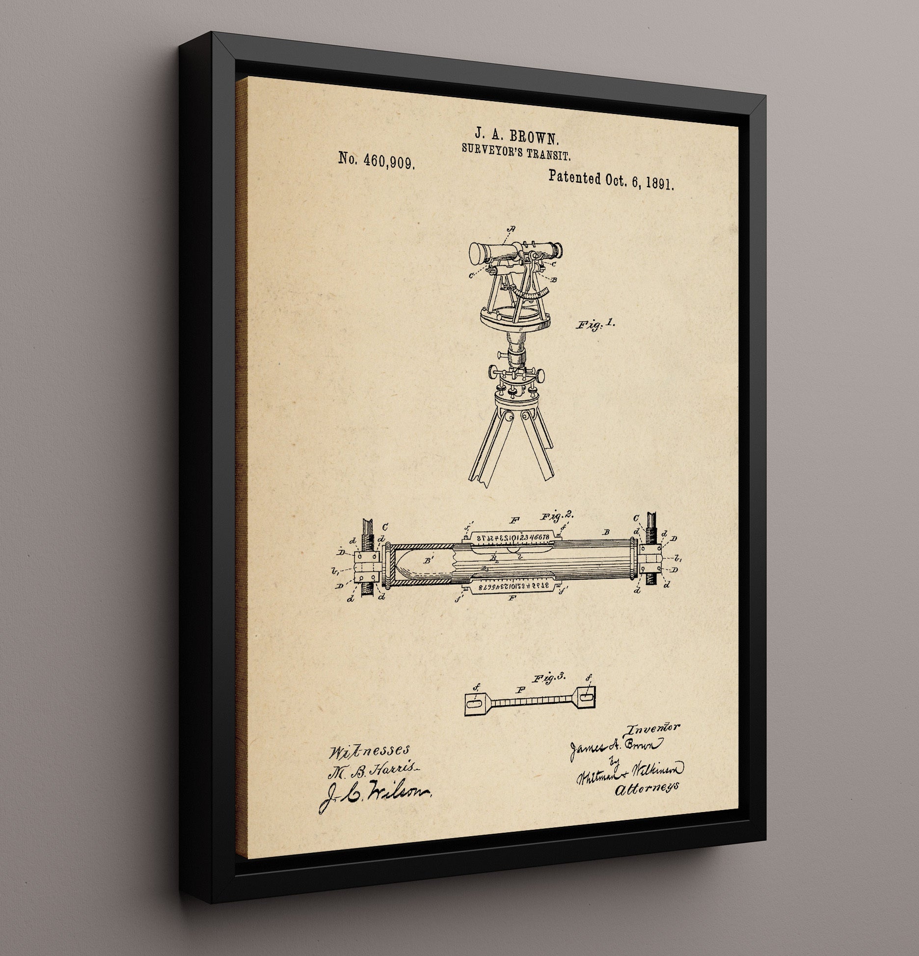 Patent Print - Surveyors Transit - J. A. Brown - 1891 - Patent 460909 Patent Wall Art